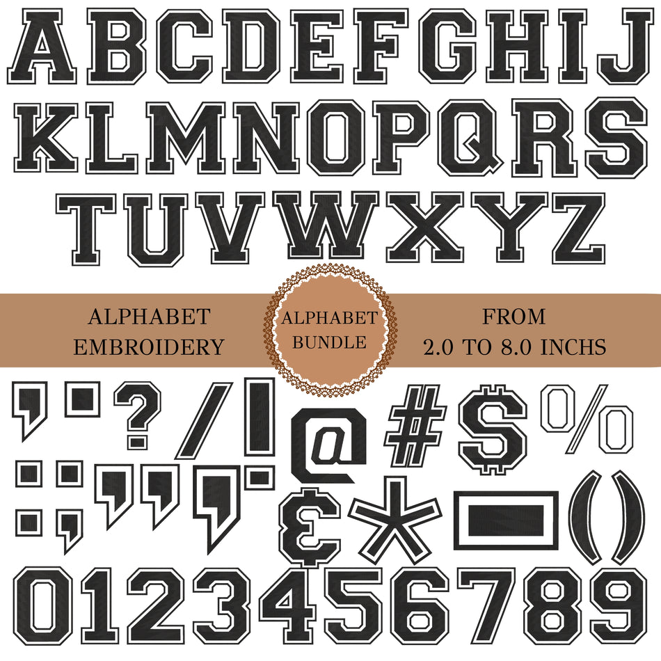 Alphabet embroidery font preview sheet showing uppercase and lowercase letters, numbers 0-9, punctuation and symbols, with a tan banner reading 'ALPHABET EMBROIDERY', 'ALPHABET BUNDLE', and 'FROM 2.0 TO 8.