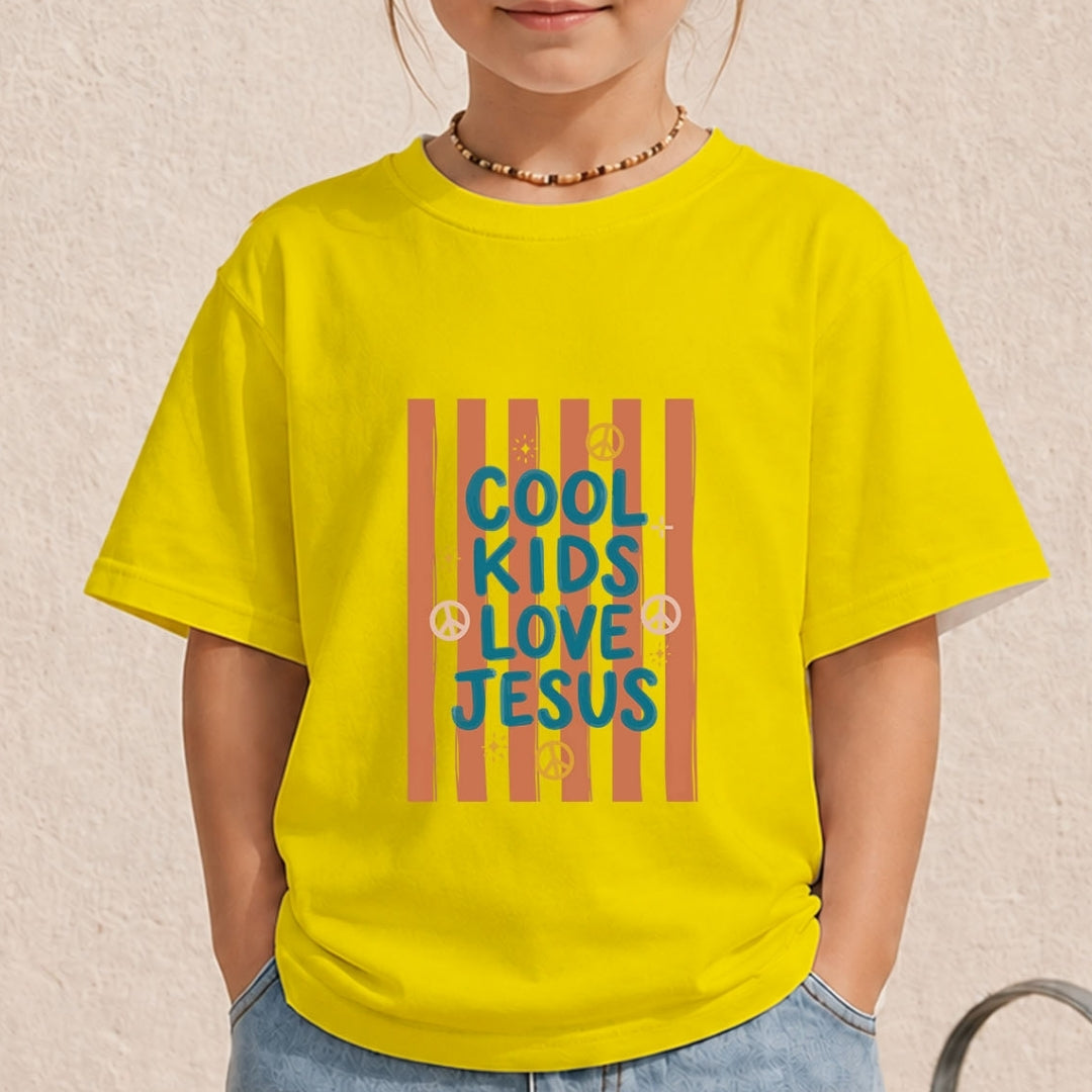 Retro Kids Cool Kids Love Jesus PNG | Yellow Striped Child Shirt Sublimation Design