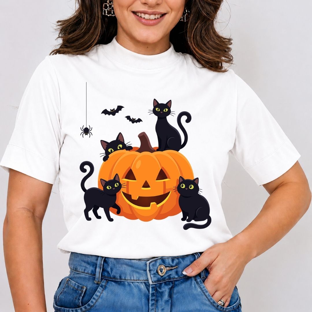 Woman wearing a white t-shirt featuring a cute Halloween black cats, pumpkin, bats, and hanging spider graphic design.