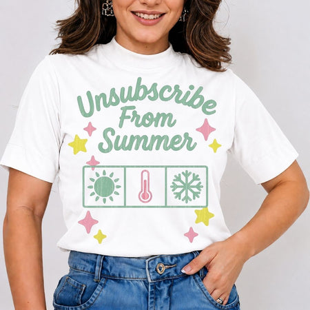 Person wearing a white t-shirt with 'Unsubscribe From Summer' text and graphics on a plain background