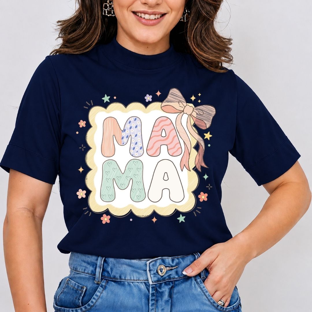 Person wearing a navy blue t-shirt with 'MA MA' graphic design on a plain background