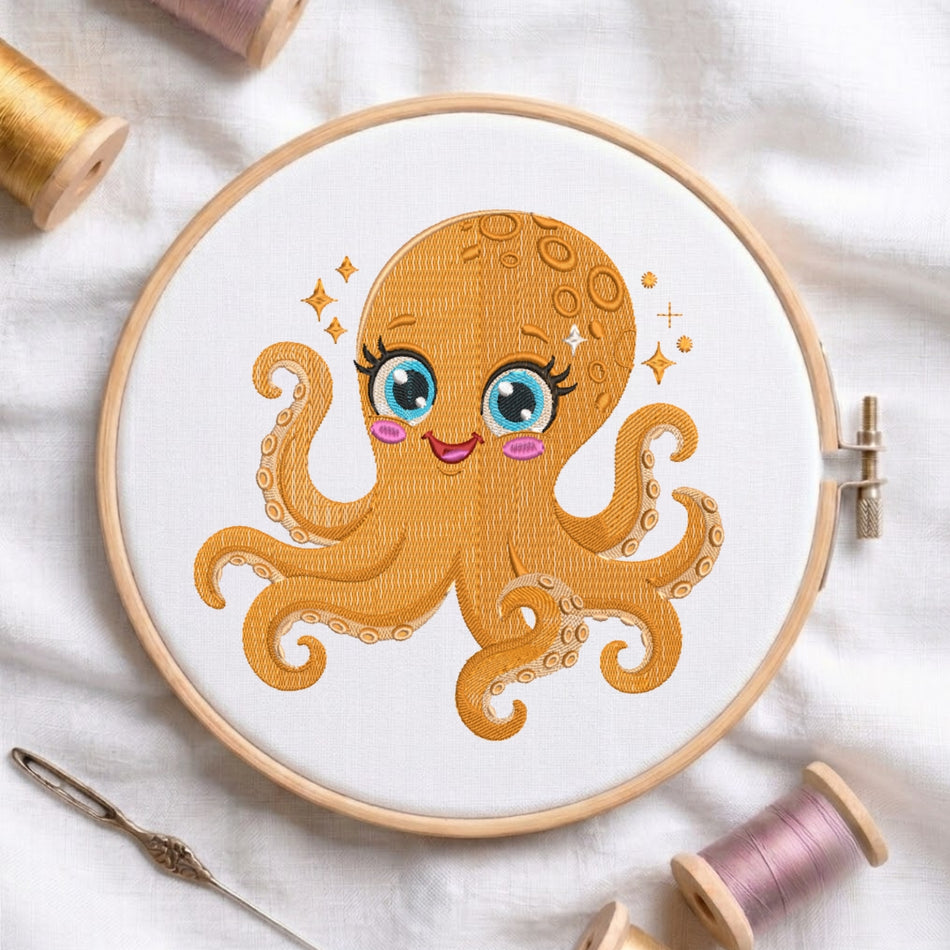 The "Bee Happy" embroidery design centered in a wooden embroidery hoop, surrounded by embroidery thread spools and a needle.