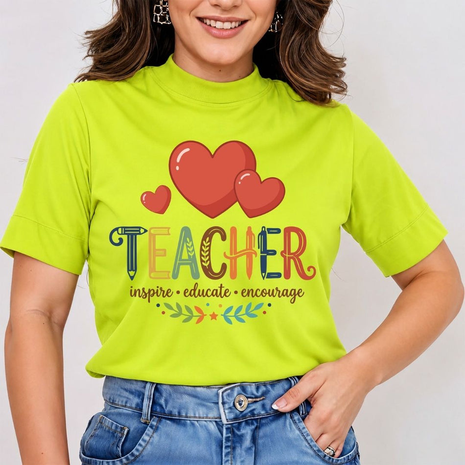 Inspire Educate Encourage Teacher Shirt, Neon Lime Green Mockup T-Shirt, Cute Teacher Appreciation Tee, School Faculty Graphic Apparel, Back to School Outfit
