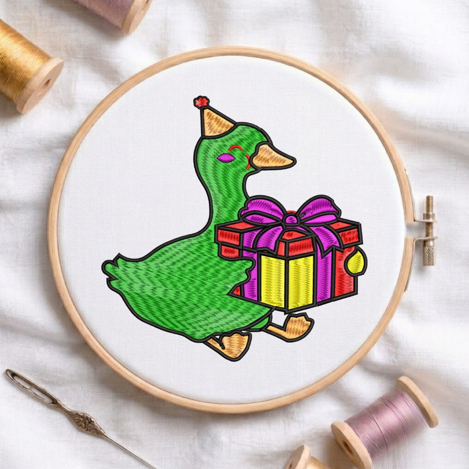 Birthday Party Duck with Gift Machine Embroidery Design - ED 54