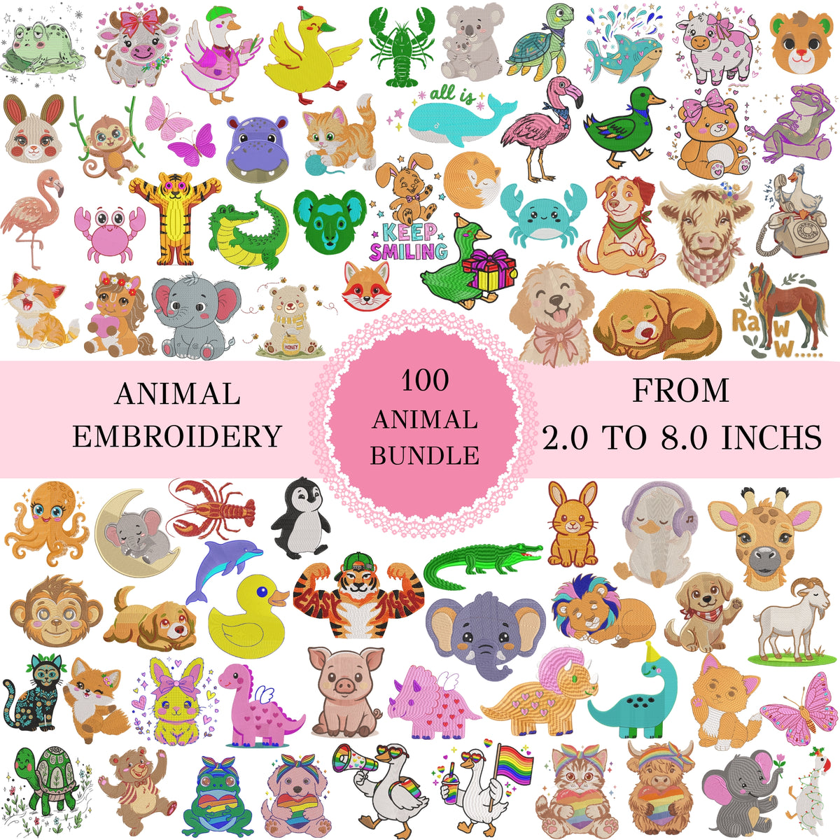 Product bundle grid showcasing one hundred different animal embroidery designs with central text reading 100 Animal Bundle from 2.0 to 8.0 inches.
