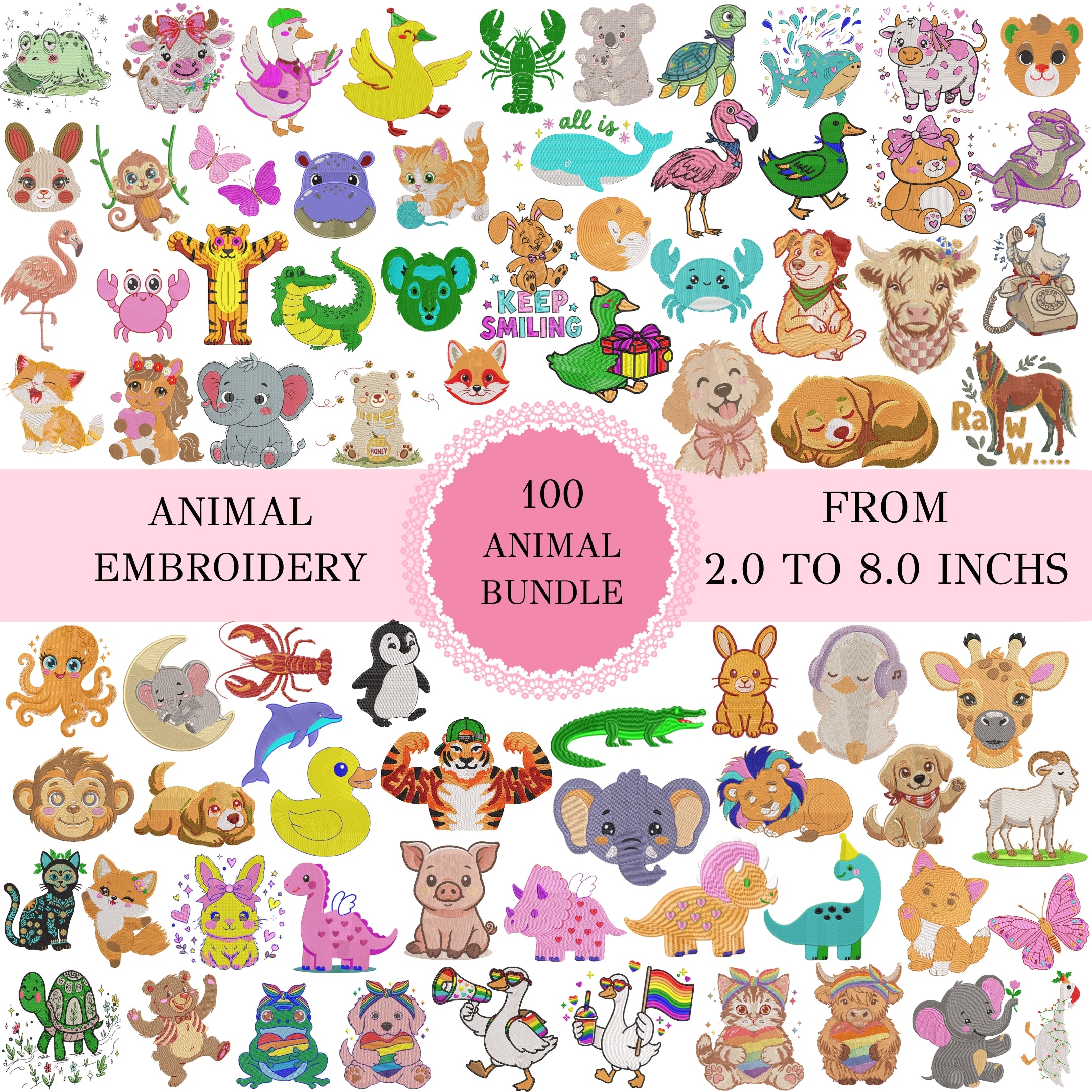 Product bundle grid showcasing one hundred different animal embroidery designs with central text reading 100 Animal Bundle from 2.0 to 8.0 inches.