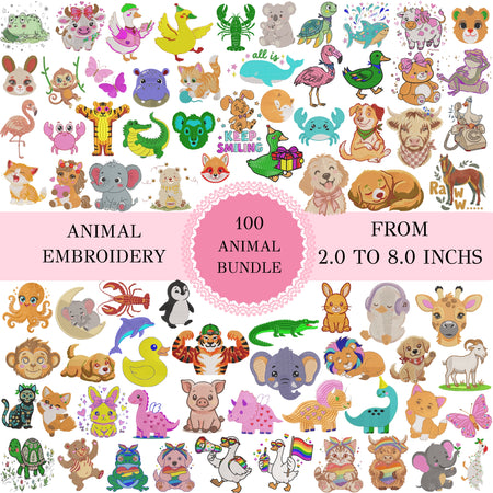 Product bundle grid showcasing one hundred different animal embroidery designs with central text reading 100 Animal Bundle from 2.0 to 8.0 inches.