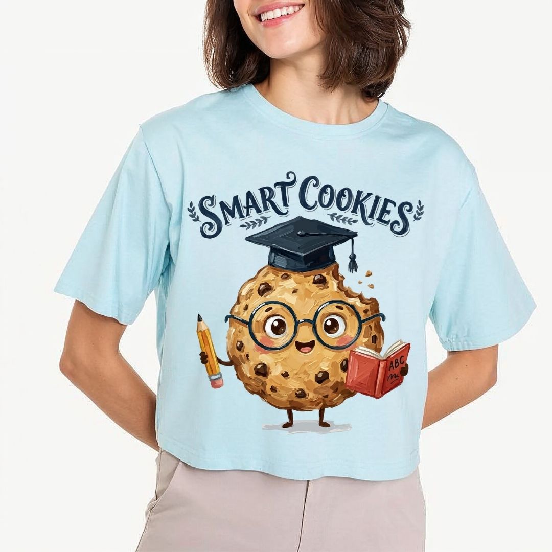 Smart Cookies Graduation Shirt, Pastel Blue Crop Top, Cute Cookie Graduate T-Shirt, Back to School Graphic Tee, Teacher Appreciation Apparel