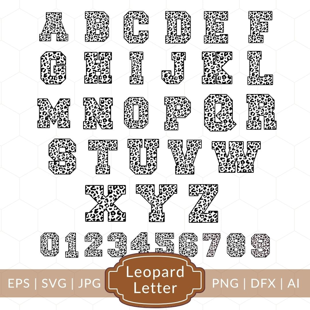Leopard print alphabet letters and numbers on a white background with file format text.