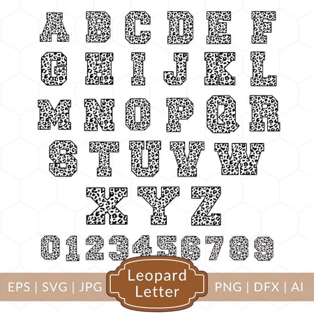 Leopard print alphabet letters and numbers on a white background with file format text.