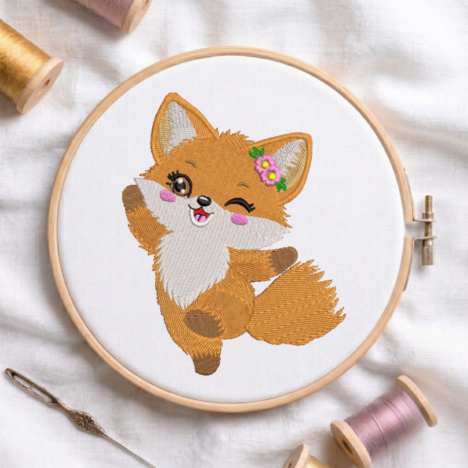 Charming Winking Fox with Flower Machine Embroidery Design ED 204