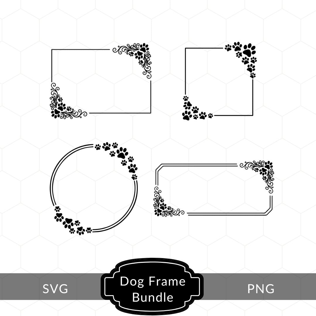 A digital preview of a dog-themed frame bundle showing four black decorative frame designs with paw print and floral corner accents on a light gray hexagonal background, with labels reading SVG, Dog Frame Bundle, and PNG at the bottom.