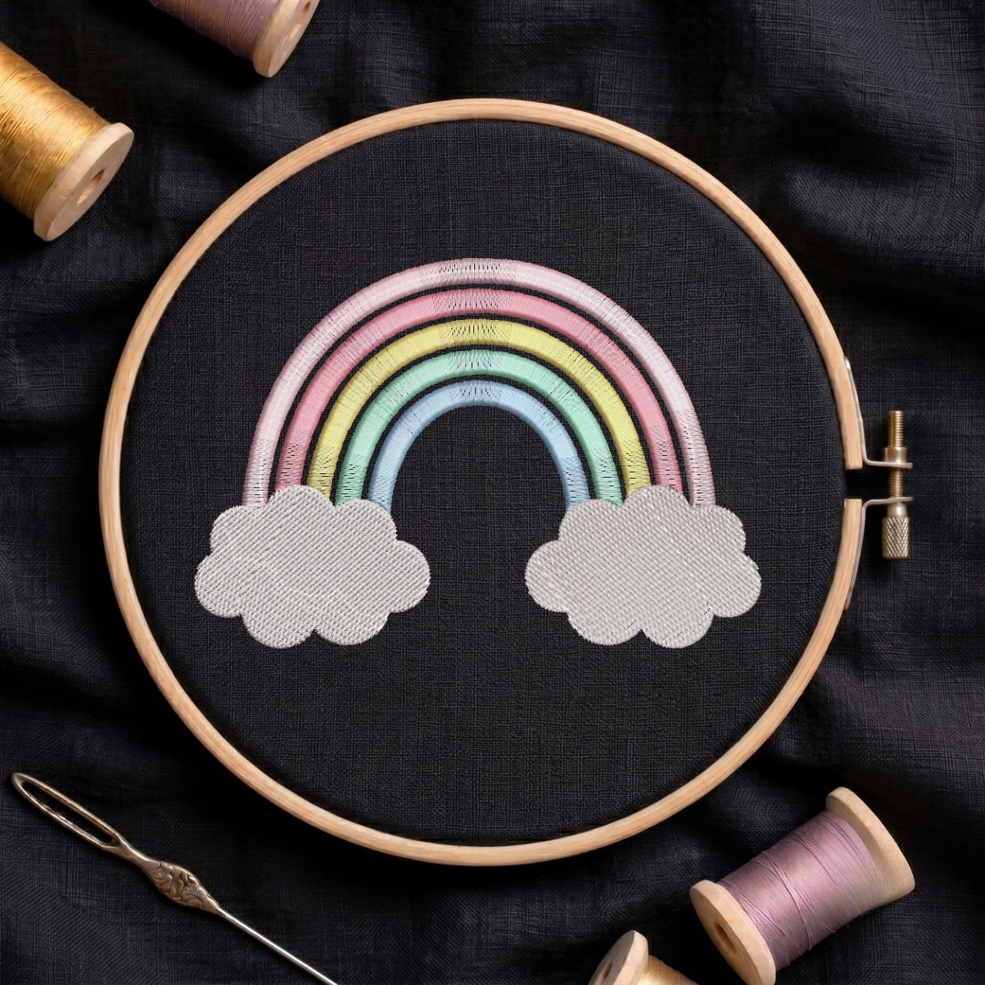 Pastel Rainbow and Clouds Embroidery Design in Hoop Mockup