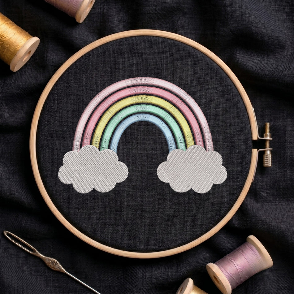 Pastel Rainbow and Clouds Embroidery Design in Hoop Mockup