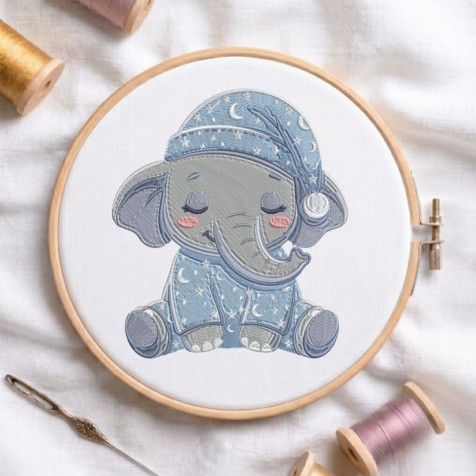 Cute Sleeping Baby Elephant in Pajamas Machine Embroidery Design - ED 334