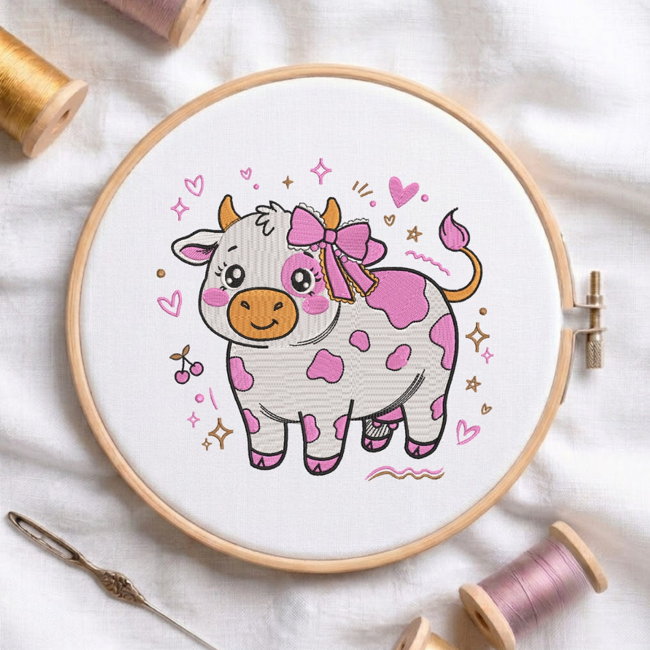 Cute cow with pink spots and a pink bow machine embroidery design displayed in a wooden hoop