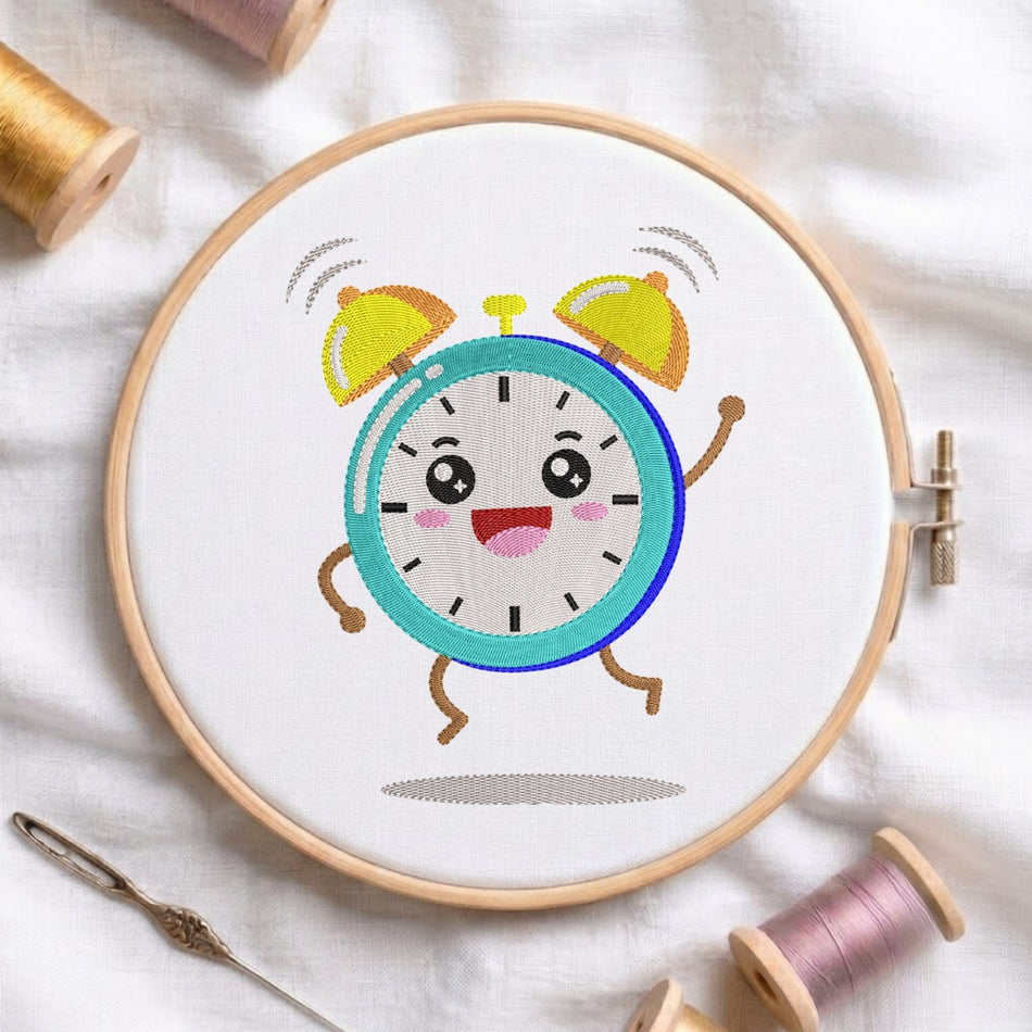 Embroidery hoop with a cartoon clock design on a white fabric background