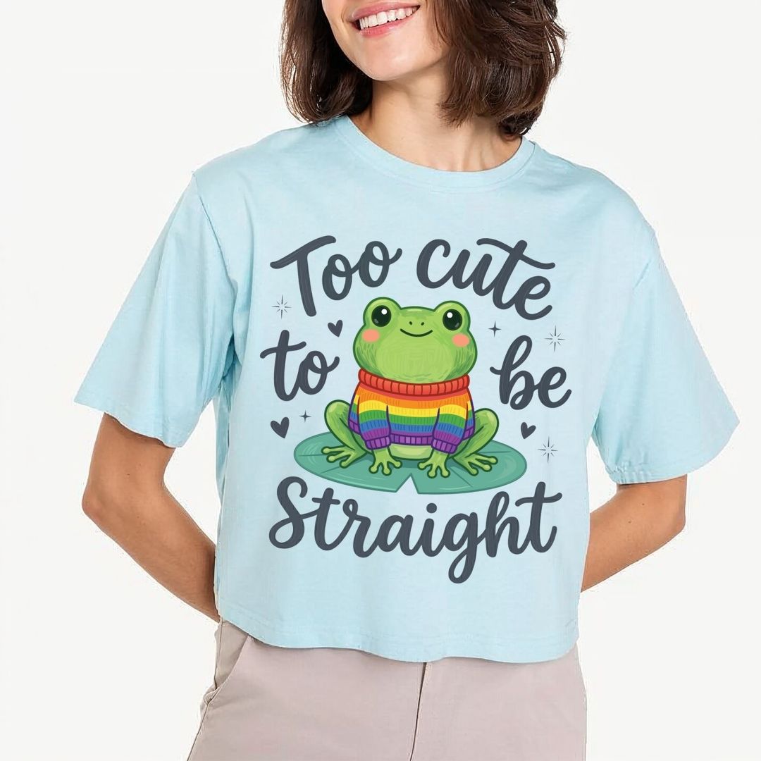 Too Cute To Be Straight Frog PNG | Light Blue Crop Tee Pride Sublimation