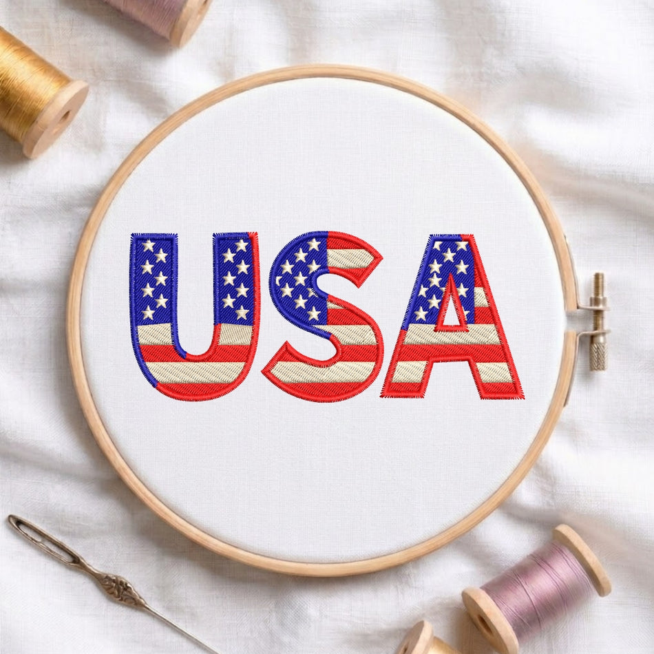 Patriotic USA Flag Text Machine Embroidery Design Ed 272