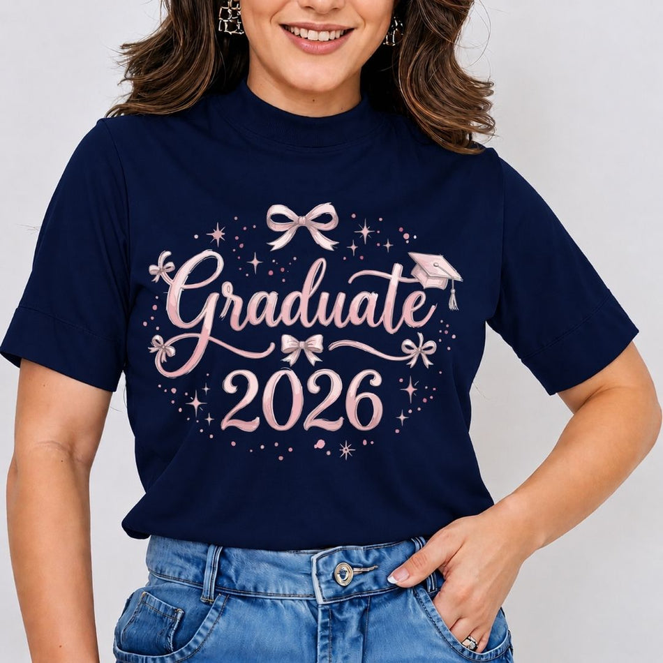 Graduate 2026 Shirt, Navy Blue High Neck Mockup, Coquette Bow Graduation Tee, Class of 2026 Senior Apparel, Cute Pink Font Graduation Gift