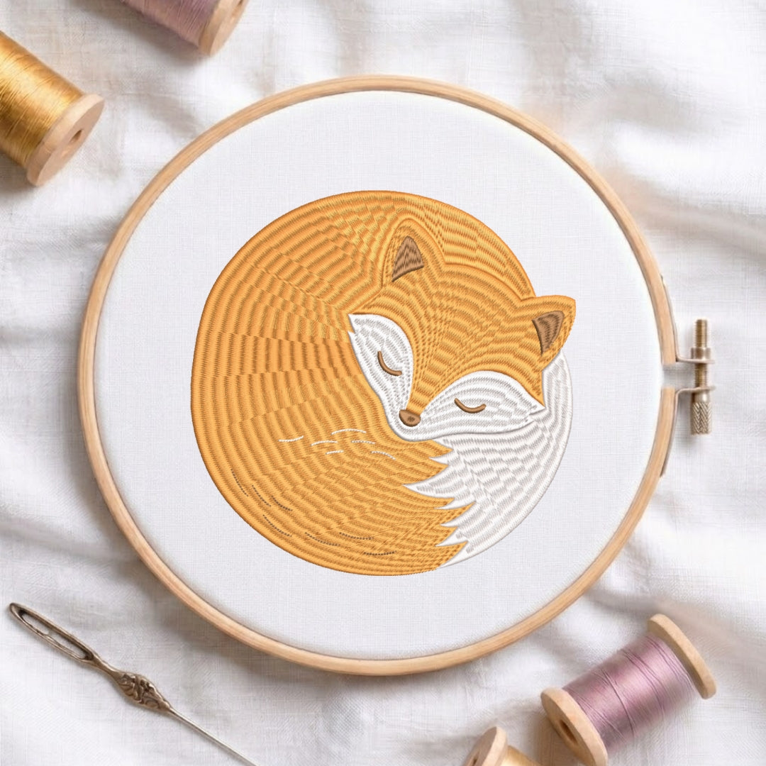 Sleeping Fox Machine Embroidery Design, Cute Woodland Animal Embroidery File, Round Sleeping Fox Hoop Pattern, Instant Download PES DST