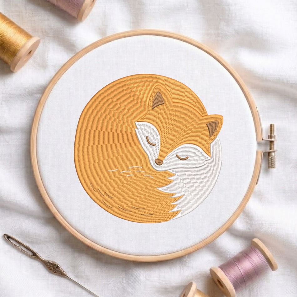 Sleeping Fox Machine Embroidery Design, Cute Woodland Animal Embroidery File, Round Sleeping Fox Hoop Pattern, Instant Download PES DST