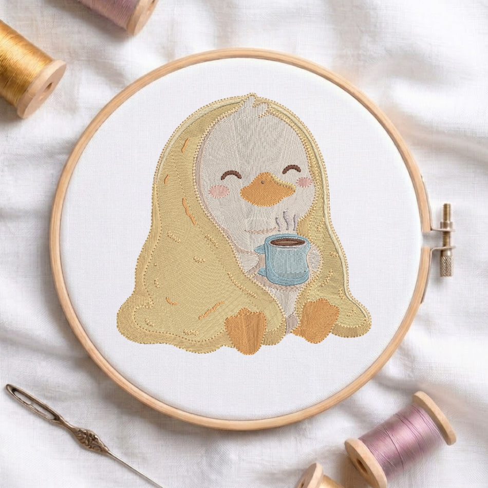 Cozy Duckling Wrapped in Blanket with Hot Cocoa Embroidery Design ED 279