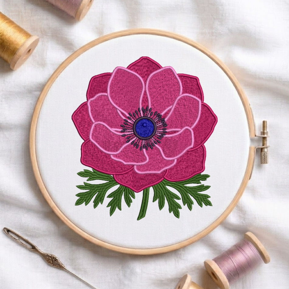 Vivid Pink Anemone Botanical Machine Embroidery Design ED 176