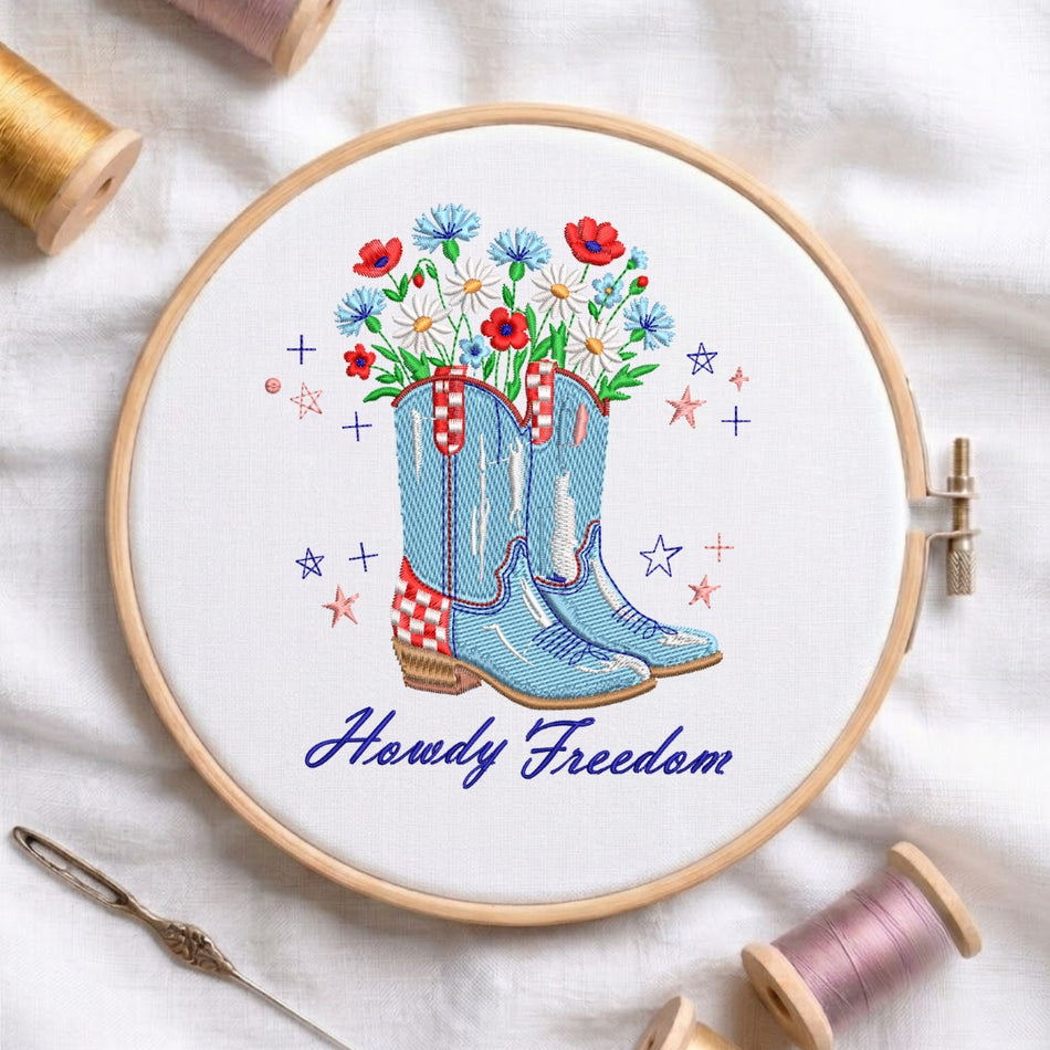 Patriotic "Howdy Freedom" Wildflower Cowboy Boots Embroidery Design ED 285