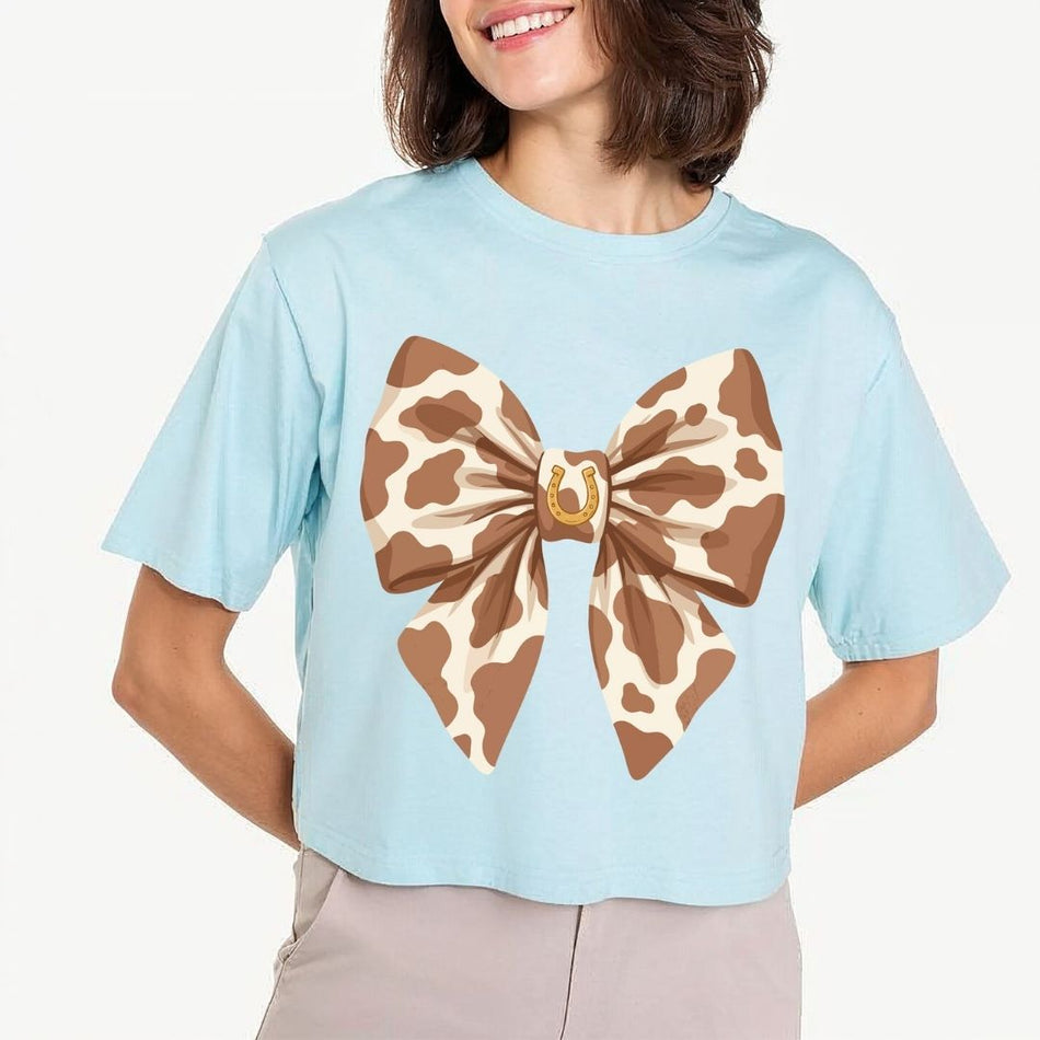 Women's Light Blue Cropped T-Shirt with Cow Print Western Bow Graphic