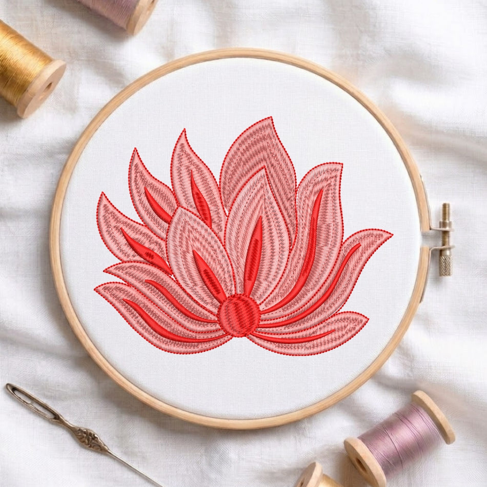 Elegant Coral Pink Lotus Flower Machine Embroidery Design - ED 320