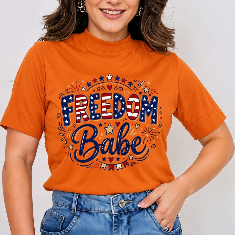 A woman wearing a bright orange short-sleeve mock-neck t-shirt with a patriotic 'FREEDOM Babe' graphic on the front, paired with blue jeans.