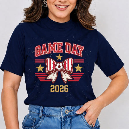 Game Day 2026 Soccer Shirt, Navy Blue High Neck Mockup, Coquette Bow Soccer Tee, Sports Fan Graphic Apparel, Cute Football Bow Outfit