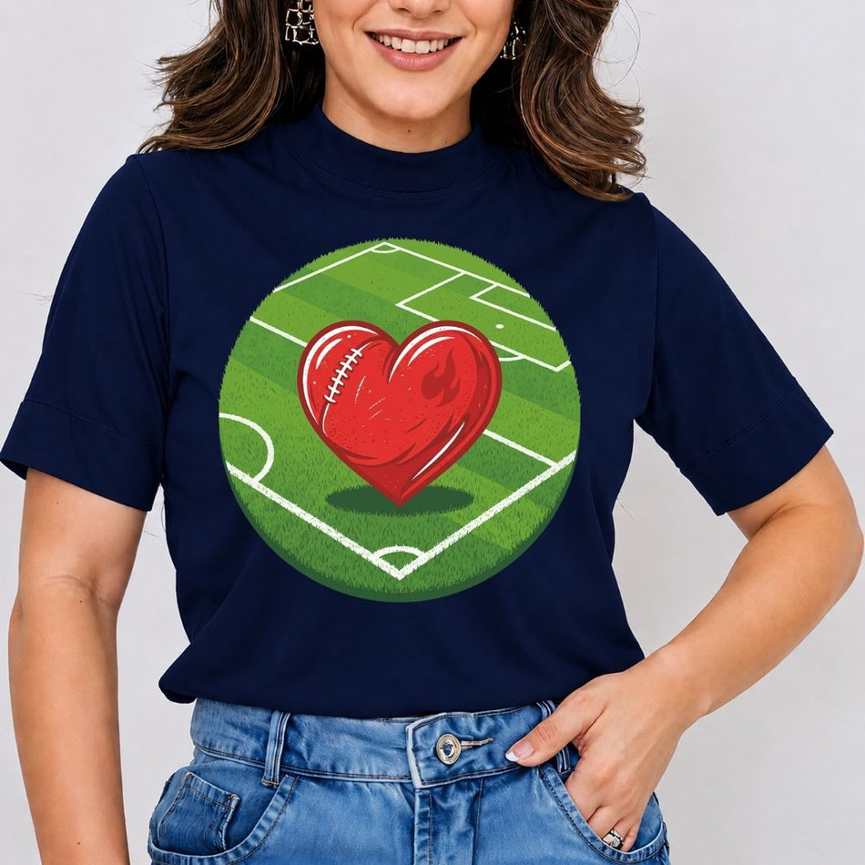 Person wearing a navy blue t-shirt with a red heart and football on a green field design.
