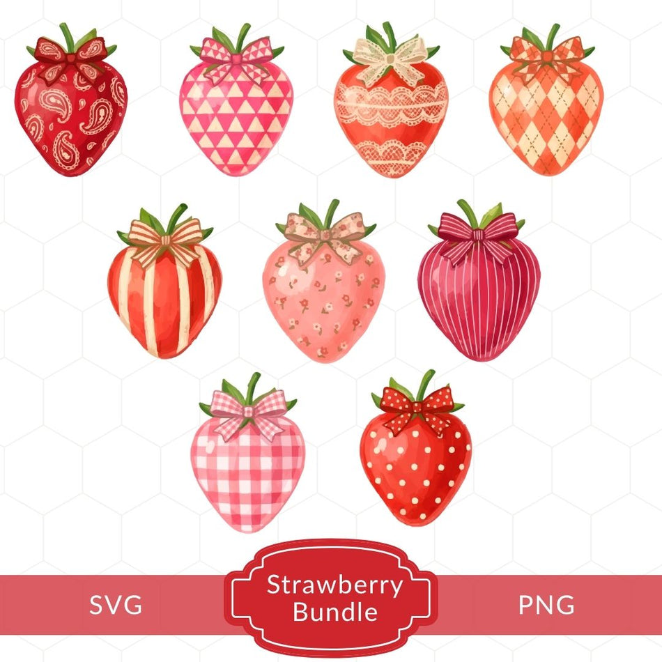 Strawberry SVG bundle featuring 9 patterned strawberry digital clipart designs with bow tops in PNG and SVG formats.
