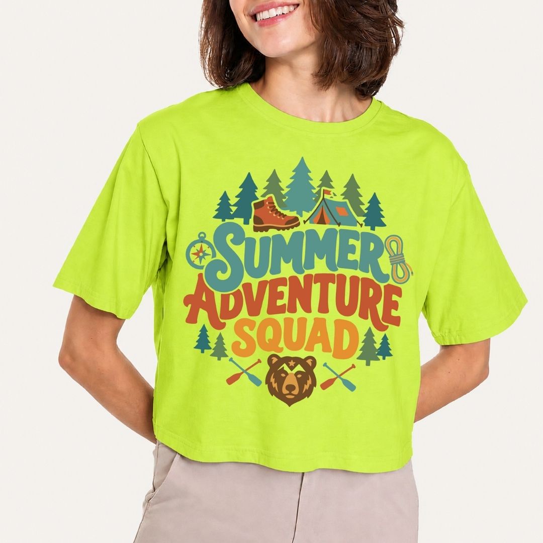 Summer Adventure Squad Shirt, Lime Green Crop Top, Retro Camping Graphic Tee, Family Vacation Shirt, Outdoor Nature Hiking Apparel