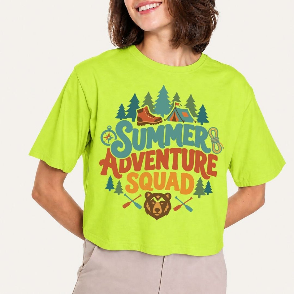 Summer Adventure Squad Shirt, Lime Green Crop Top, Retro Camping Graphic Tee, Family Vacation Shirt, Outdoor Nature Hiking Apparel