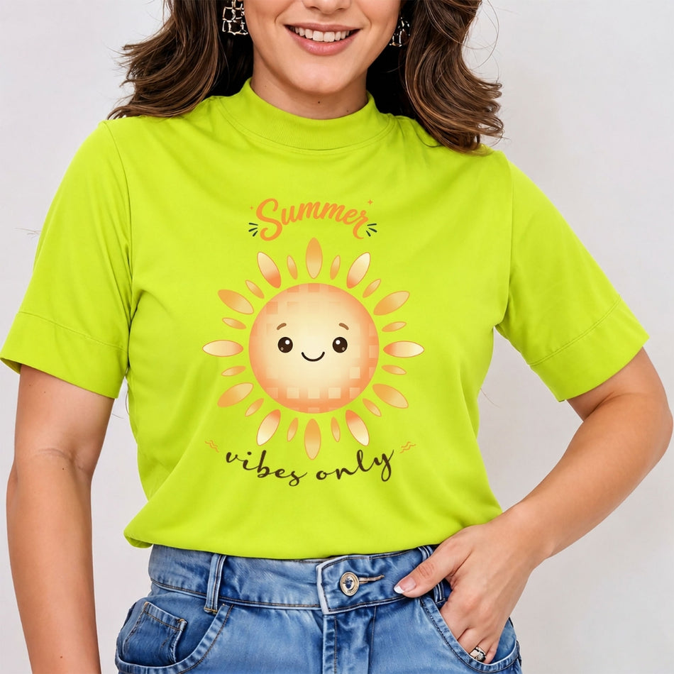 A person wearing a bright lime-green t-shirt featuring a happy cartoon sun graphic and the text "Summer vibes only".