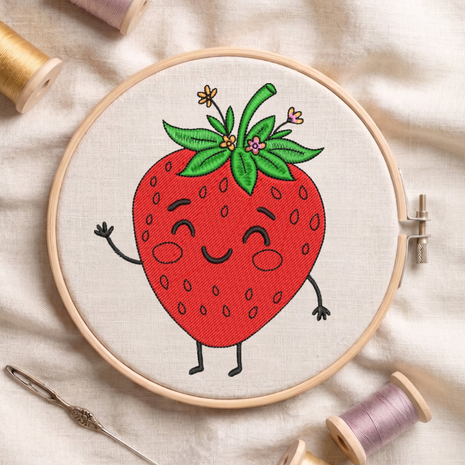 Happy Waving Strawberry Character Machine Embroidery Design ED 40