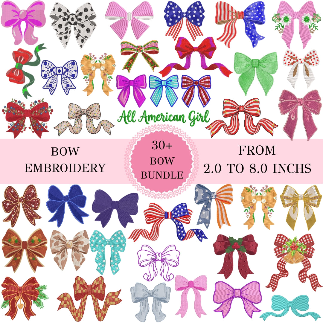 Collection overview graphic displaying over thirty different bow embroidery designs including patriotic, floral, plaid, and festive ribbon styles with text reading 30 plus bow bundle.