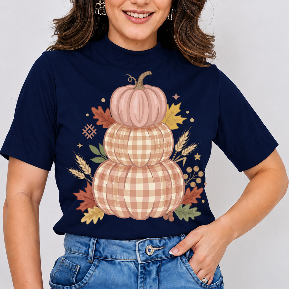Person wearing a navy blue t-shirt with a plaid pumpkin design on a plain background