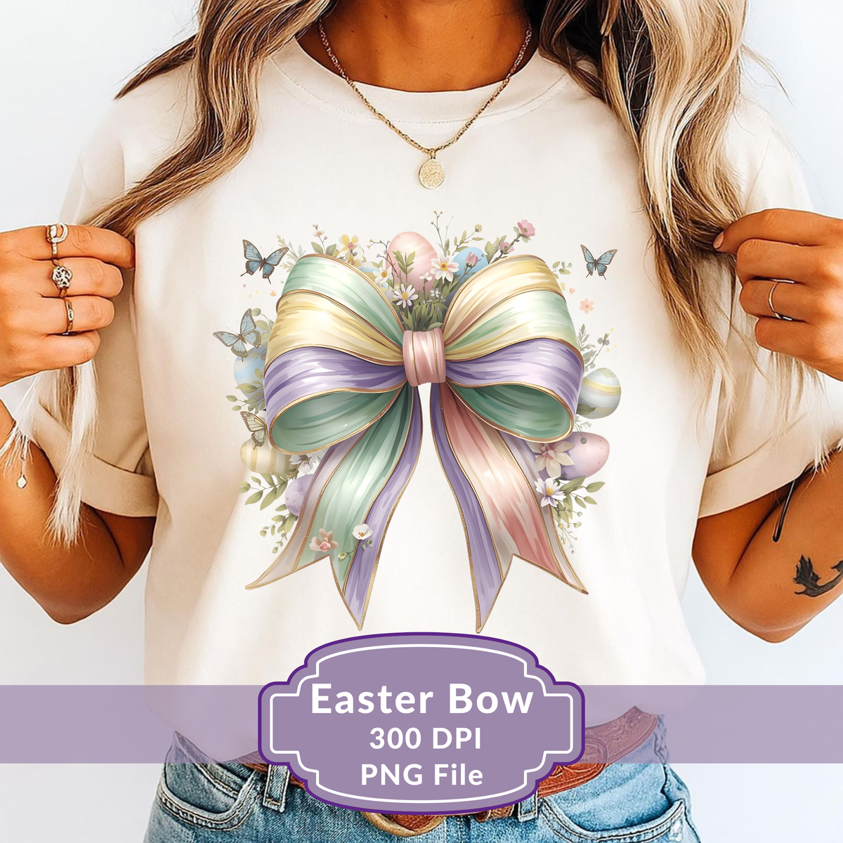 Person wearing a t-shirt with a colorful Easter bow design on a white background