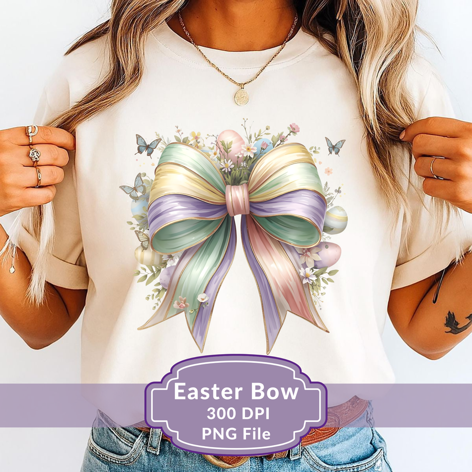 Person wearing a t-shirt with a colorful Easter bow design on a white background