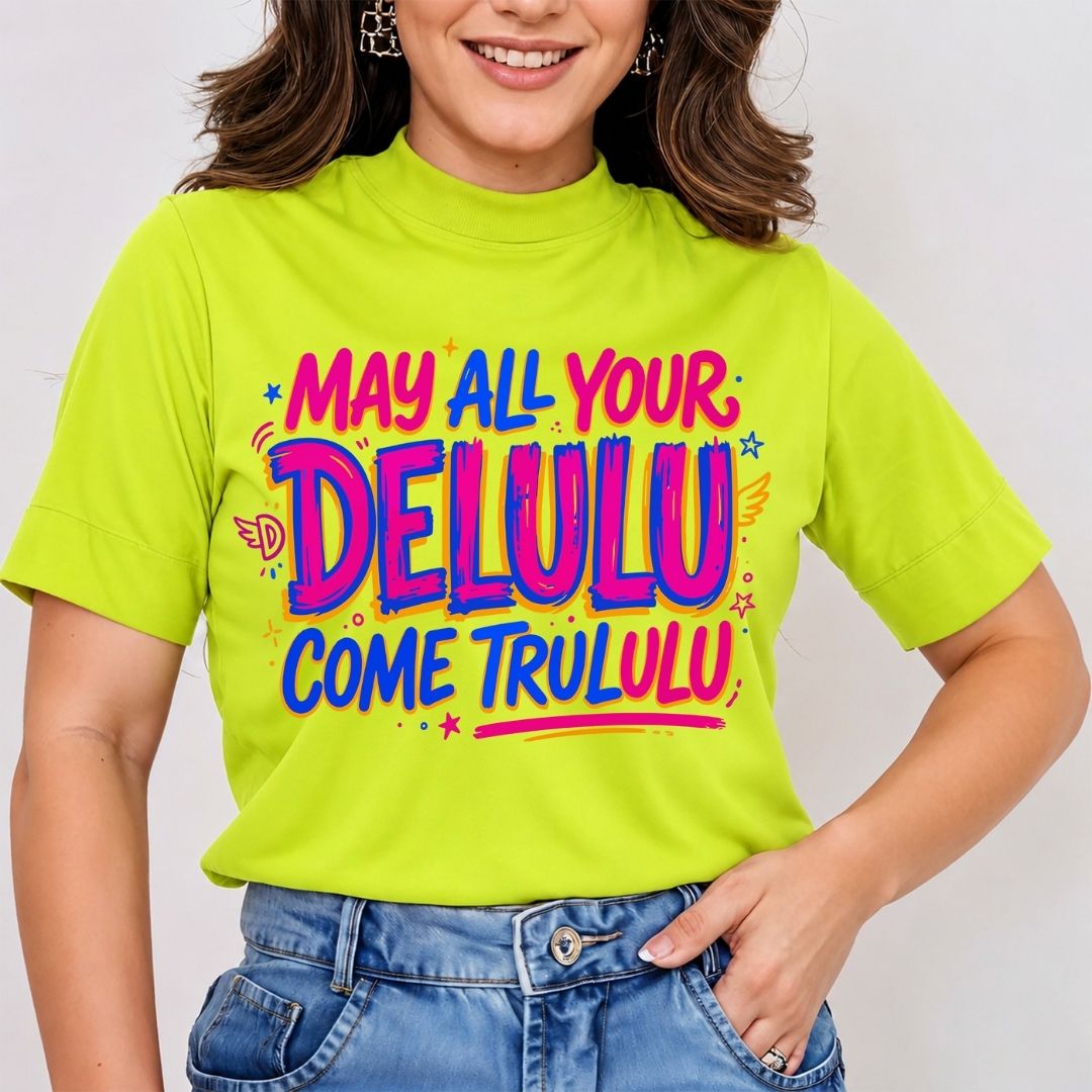 A woman wearing a bright lime green mock neck t-shirt with a colorful graphic text that reads 'MAY ALL YOUR DELULU COME TRULU' in pink, purple, and blue, paired with blue jeans.