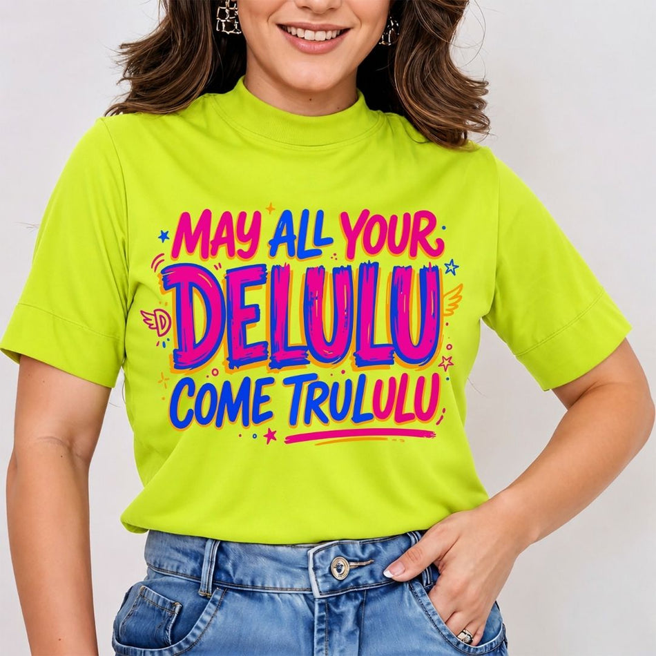 A woman wearing a bright lime green mock neck t-shirt with a colorful graphic text that reads 'MAY ALL YOUR DELULU COME TRULU' in pink, purple, and blue, paired with blue jeans.