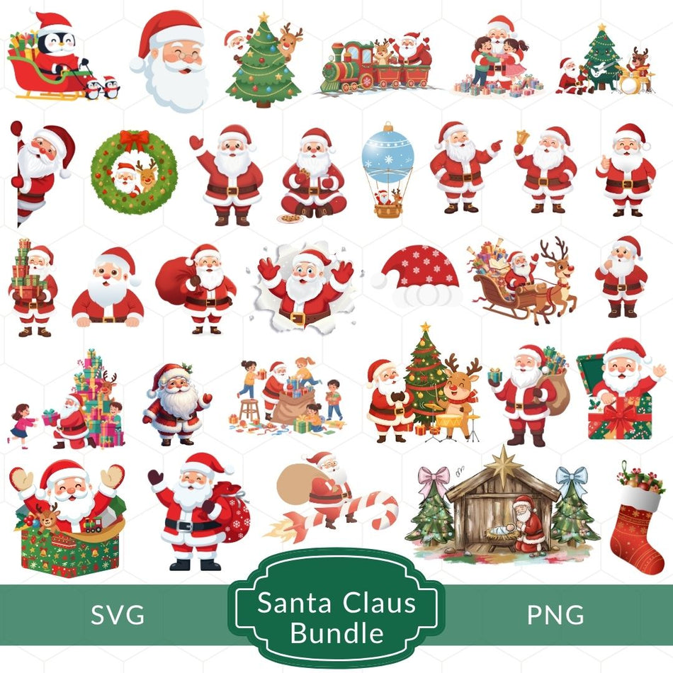 A collage of many Christmas Santa Claus clipart and sticker designs on a white background, with a green banner at the bottom reading 'SVG Santa Claus Bundle PNG'. The designs include Santa in multiple poses, Christmas trees, a train, gifts, a nativity scene, a stocking, and holiday motifs.