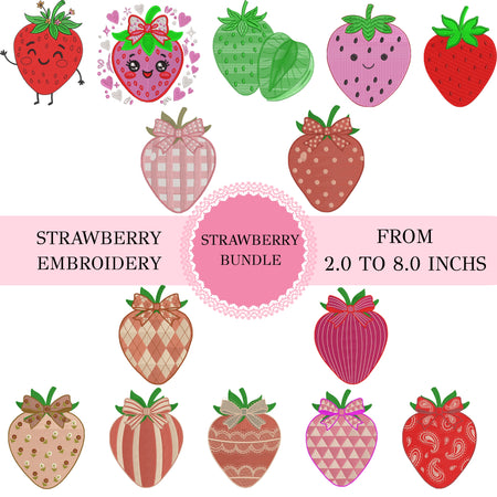 An overview showcasing a variety of strawberry embroidery designs with different patterns, bows, and styles, featuring a central text banner indicating a strawberry bundle available from 2.0 to 8.0 inches.