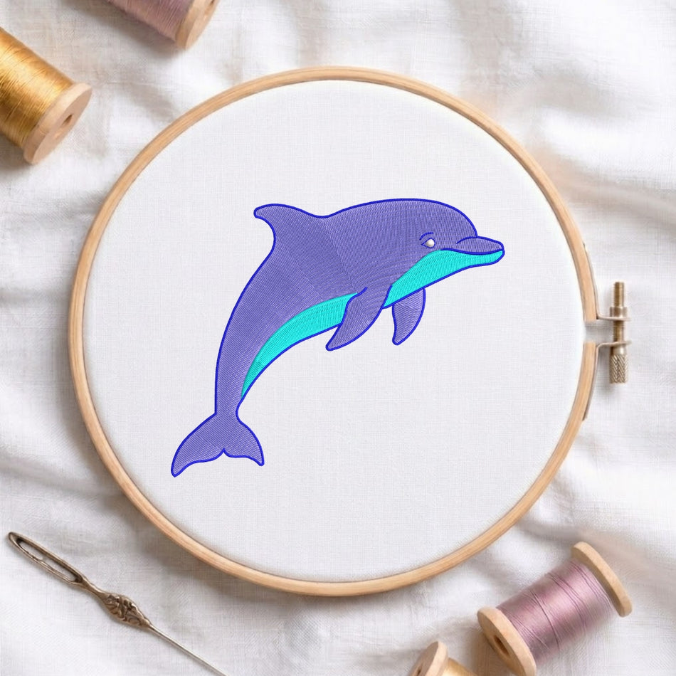 Elegant Purple and Teal Leaping Dolphin Machine Embroidery Design - ED 316