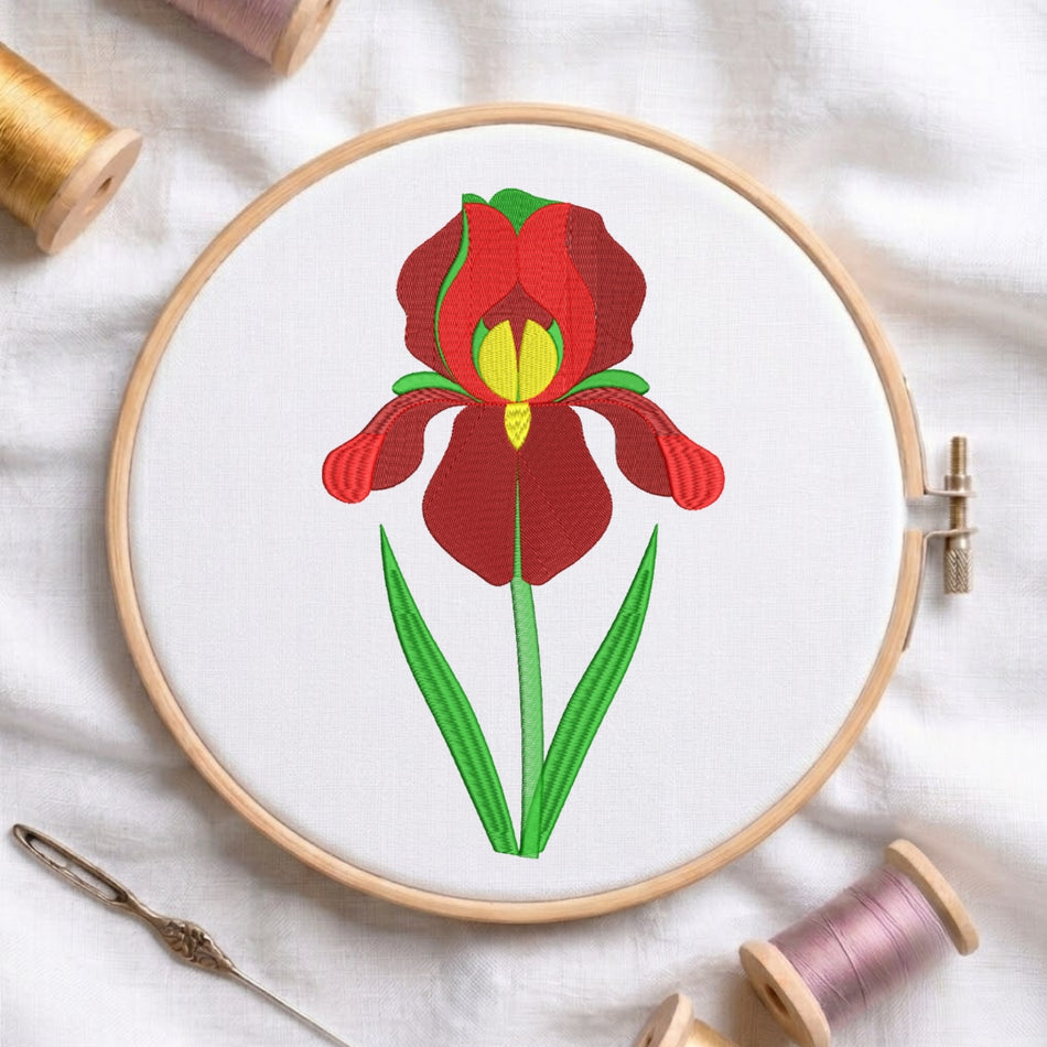 Elegant Deep Red Iris Botanical Machine Embroidery Design ED 184