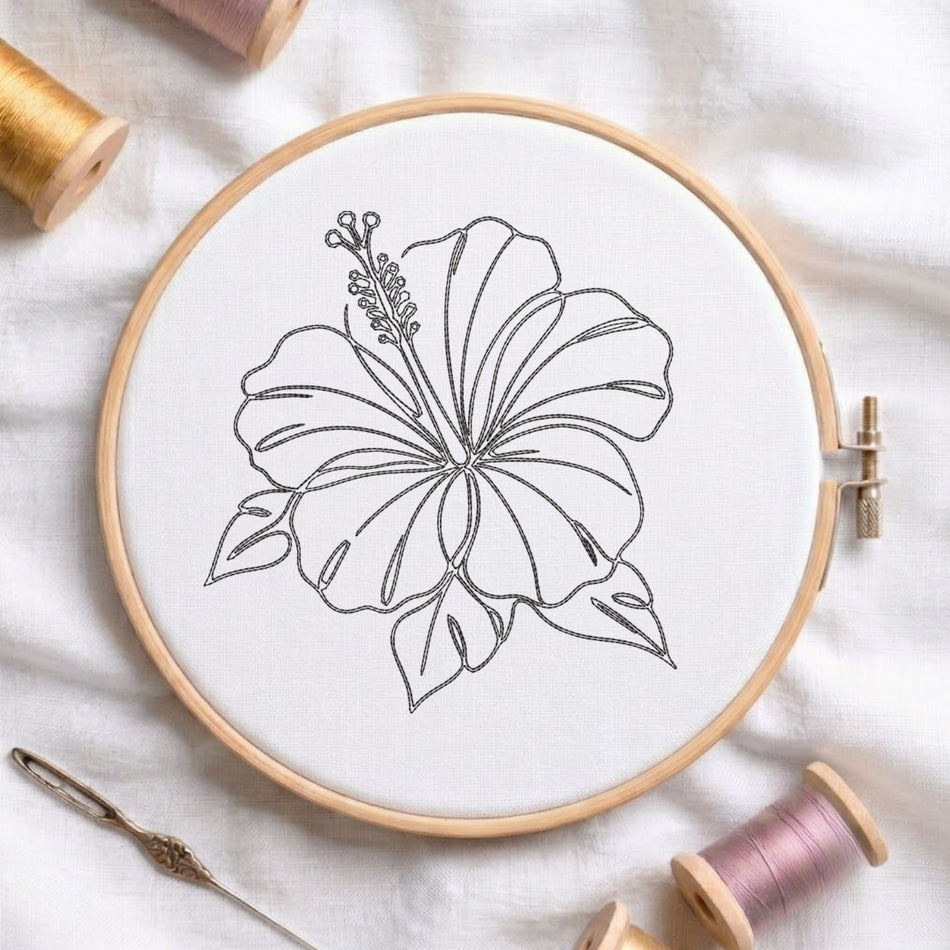 Hibiscus Flower Line Art Machine Embroidery Design ED-352